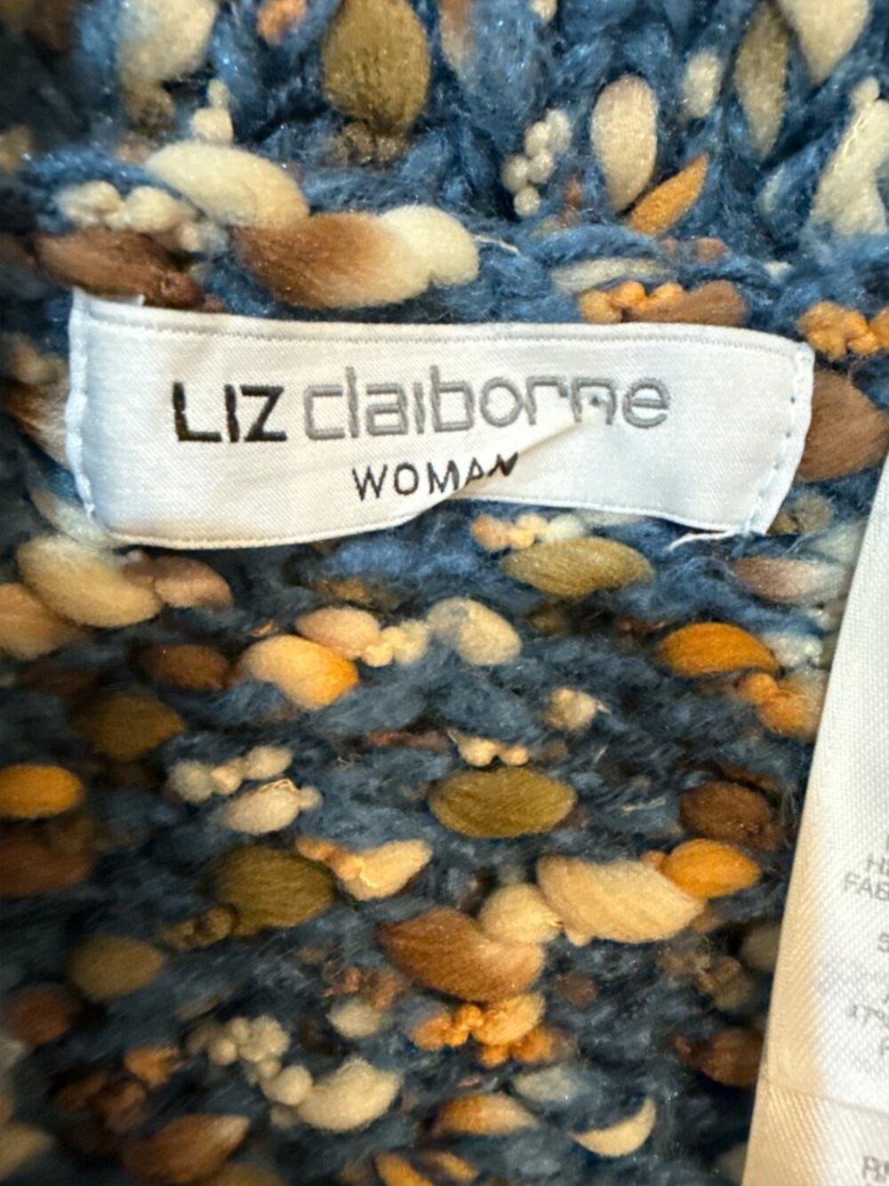 Liz Claiborne Sz 1X Blue, Cream & Brown Knit Collared Long 3-Snap Cardigan - Picture 6 of 9